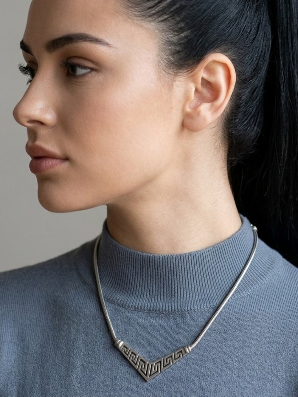 ​TOCHEE Stainless Steel Greek Key Chevron Necklace • Tarnish-Free